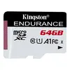 USB ფლეშ მეხსიერება Kingstone 64GB microSDHC Endurance 95R/30W C10 A1 UHS-I (SDCE/64GB)  - Primestore.ge