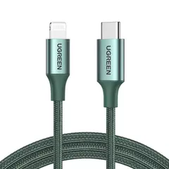 USB კაბელი UGREEN US304 (80564), 87W, MFi, USB-C to Lightning, 1m, Midnight Green  - Primestore.ge