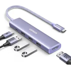 USB-C ჰაბი UGREEN CM478 (35582), USB, USB-C, HDMI, HUB, Purple  - Primestore.ge