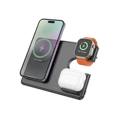 პორტატული დამტენი Hoco CQ1 Geek folding 3-in-1 magnetic wireless fast charger(for iWatch) black  - Primestore.ge