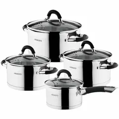 ქვაბების ნაკრები Ardesto Cookware set  Gemini Monza with drain, 8 pcs., Handles with gray silicone, stainless steel  - Primestore.ge