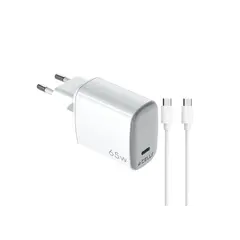 ადაპტერი და კაბელი Celly 65W Wall Charger (with Type-C toType-C Cable) White  - Primestore.ge