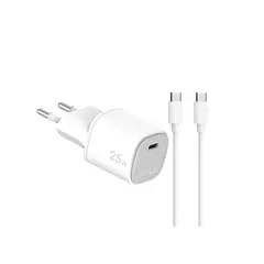 ადაპტერი და კაბელი Celly 25W Wall Charger (with Type-C toType-C Cable) White  - Primestore.ge