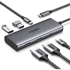USB-C ჰაბი UGREEN CM498 (15852) Revodok 206, 2 x HDMI, USB, Type-C, HUB, Grey  - Primestore.ge