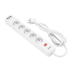 დენის გამანაწილებელი 2Е 2E-SP515M2USBWH, 5 Socket, 3xUSB-A, 2m, Power Strip With Surge Protector, White  - Primestore.ge