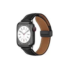 სმარტ საათის სამაჯური TVC Apple Watch 10 46mm / Ultra 2 / Ultra 49mm / 9 8 7 45mm / SE (2023) SE (2022) SE 6 5 4 44mm / 3 2 1 42mm Litchi Texture Leather Strap - Black  - Primestore.ge