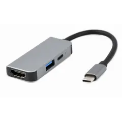 ადაპტერი Gembird A-CM-COMBO3-02 USB Type-C 3-in-1 multi-port adapter (USB port+HDMI +PD) Silver  - Primestore.ge