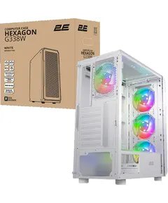კომპიუტერის ქეისი 2E Hexagon G338W, without PSU, 2xUSB 3.0, 1xUSB Type-C, 1x120mm, 3x120mm ARGB, TG Side Panel, ATX, White - Primestore.ge