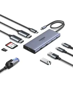 USB-C ჰაბი UGREEN CM639 (45380), HDMI, Type-C, USB-A, RJ45, SD/TF, 10-in-1 USB-C Hub, Grey  - Primestore.ge