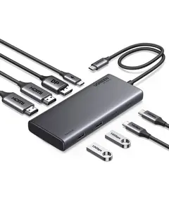 USB-C ჰაბი UGREEN CM639 (35625) Revodok 308, HDMI, DP, Type-C, USB-A, PD, 8 in 1 USB C Docking Station, Grey  - Primestore.ge
