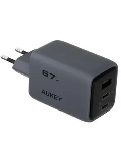 ადაპტერი AUKEY PA-C3 charger with 67W total power, three 2C/1A ports, global fast charging protocol, EU plug, dark gray - Primestore.ge