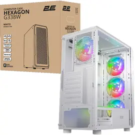 კომპიუტერის ქეისი 2E Hexagon G338W, without PSU, 2xUSB 3.0, 1xUSB Type-C, 1x120mm, 3x120mm ARGB, TG Side Panel, ATX, White - Primestore.ge