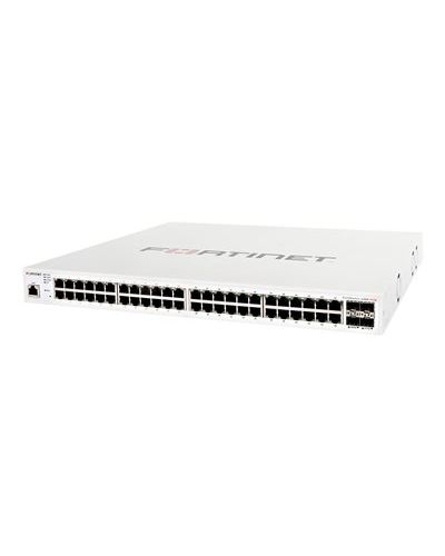 The switch FortiSwitch-148F-POE is a performance/price competitive L2+ management switch with 48x GE port + 4x SFP+ port + 1x RJ45 console.