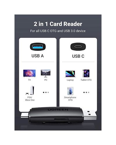 Card reader UGREEN CM304 (80191) Multifunction Card Reader, USB-A, USB-C, SD/TF, Black, 2 image