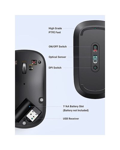 Mouse UGREEN MU001 (90372) Wireless 2.4G Slim Silent Mouse, 4000DP, Light Black, 2 image