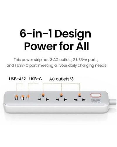დენის გამანაწილებელი UGREEN CD286 (15143), 30W, 3 Socket, USB-A, USB-C, 1.5m, White , 3 image - Primestore.ge