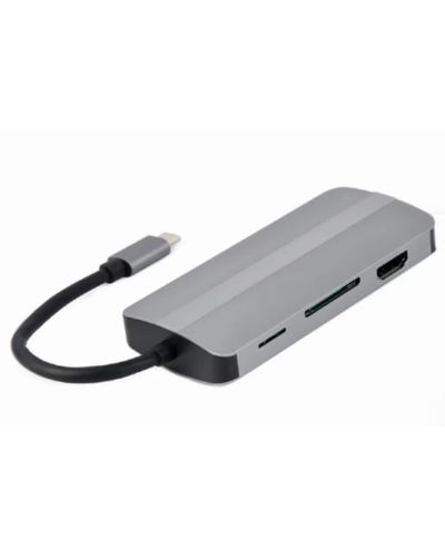 Adapter Gembird A-CM-COMBO8-02 USB Type-C 8-in-1 multi-port adapter (Hub+HDMI+VGA+PD+card reader+stereo audio) Silver, 2 image