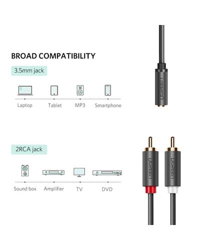AUX კაბელი UGREEN AV102 (10588) 3.5mm Female to 2 RCA Male Audio Cable 1m (Gray) , 4 image - Primestore.ge