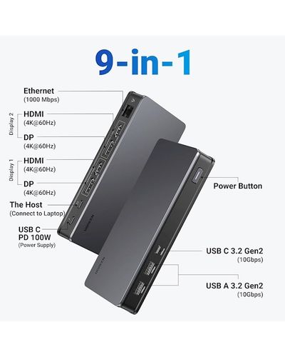 USB-C ჰაბი UGREEN CM615 (90912) Revodok Pro 209, Type-C, USB, HDMI, RJ45, DP, PD, Docking Station, Black , 3 image - Primestore.ge