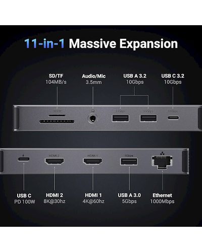 USB-C ჰაბი UGREEN CM681 (15965) Revodok Pro 211, Type-C, USB, HDMI, RJ45, PD, TF/SD, Hub, Grey , 4 image - Primestore.ge