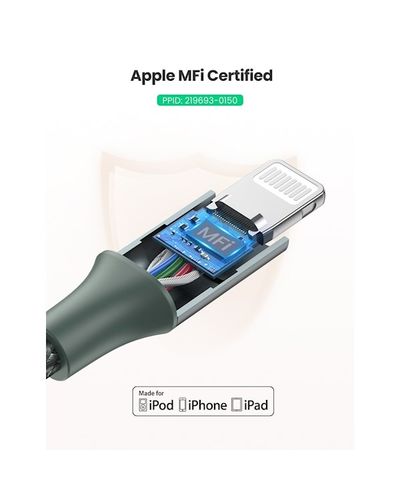 USB კაბელი UGREEN US304 (80564), 87W, MFi, USB-C to Lightning, 1m, Midnight Green , 6 image - Primestore.ge