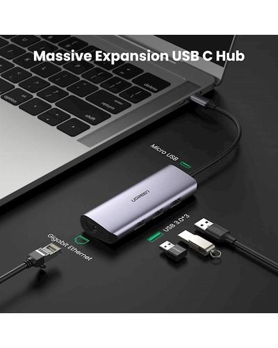 Multifunction adapter UGREEN 60718, USB-C to 3 x USB 3.0 + RJ45 + Micro USB, Multifunction Adapter, Gray, 2 image