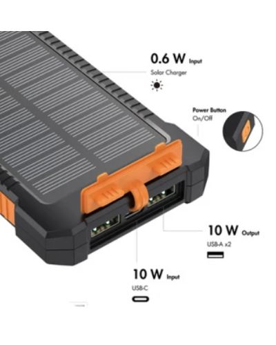 პორტატული დამტენი Logilink PA0304 Solar Power Bank 8000mAh Flashlight 2xUSB Orange/Black , 4 image - Primestore.ge