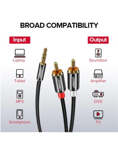 აუდიო კაბელი UGREEN AV116 (10591) 3.5mm to 2 RCA audio cable adapter male to male 3.5mm Audio Line to dual lotus head line 2 rca Aux Audio Cable 5m (Black) , 2 image - Primestore.ge