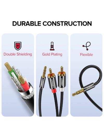 აუდიო კაბელი UGREEN AV116 (10591) 3.5mm to 2 RCA audio cable adapter male to male 3.5mm Audio Line to dual lotus head line 2 rca Aux Audio Cable 5m (Black) , 4 image - Primestore.ge