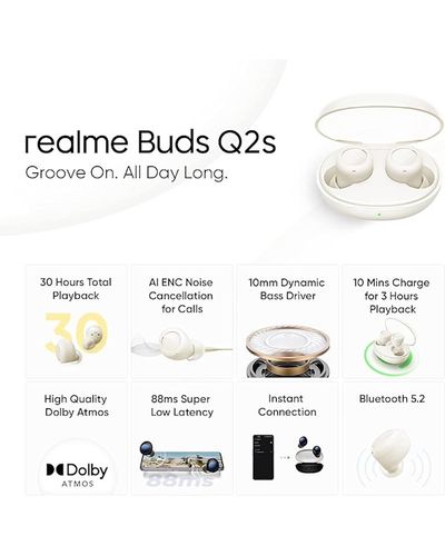 ყურსასმენი Realme Q2S, Earbuds, Wireless, Bluetooth, IPX4, White , 4 image - Primestore.ge