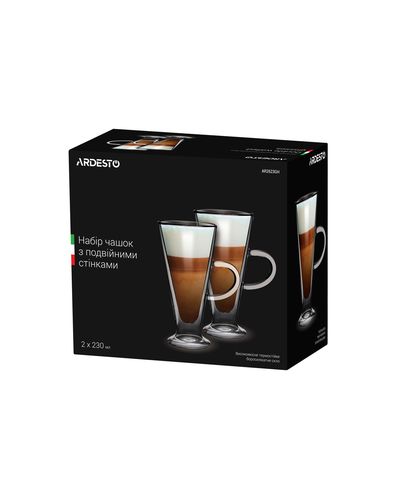 Latte glasses set ARDESTO Double wall borosilicate glass mug set Ardesto, 230 ml, 2 pcs, with handles, 2 image