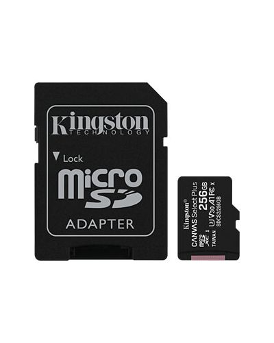 მეხსიერების ბარათი Kingston 256GB microSDXC C10 UHS-I R100/W85MB/s Canvas Select Plus + SD  - Primestore.ge