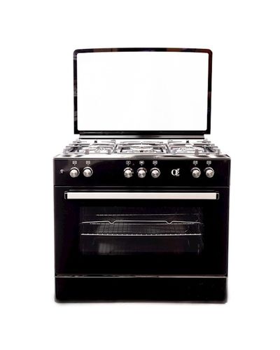 Gas stove Oz OE 9050 BL / OBig90X60B5E Coocker, 5Gas, Wok, Oven-Electric, 7Function, Turnspit, Cast Iron, 90x60x85, Black, Top glass