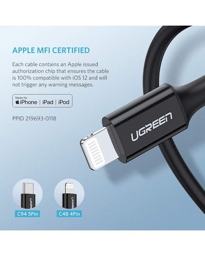 USB-C კაბელი UGREEN 60751 USB-C to Lightning Cable M/M Nickel Plating ABS Shell 1m (Black) , 4 image - Primestore.ge