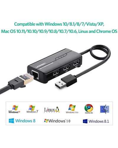 ქსელის ბარათი UGREEN 20264 USB 2.0 10/100Mbps USB to Lan + 3Port USB HUB Network Adapter , 4 image - Primestore.ge