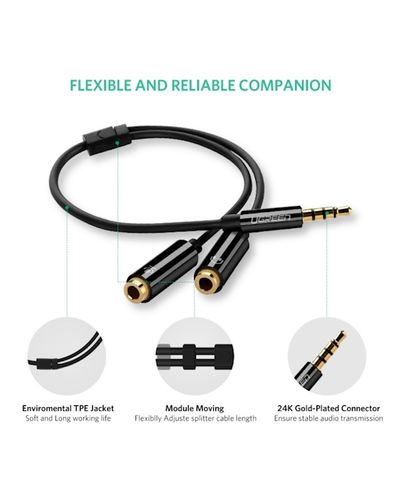 აუდიო კაბელი Ugreen AV141 (30620) Audio Cable 3.5mm Jack Microphone Splitter cable 1 Male to 2 Female black 20cm , 12 image - Primestore.ge