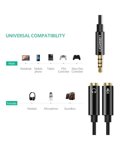 აუდიო კაბელი Ugreen AV141 (30620) Audio Cable 3.5mm Jack Microphone Splitter cable 1 Male to 2 Female black 20cm , 9 image - Primestore.ge