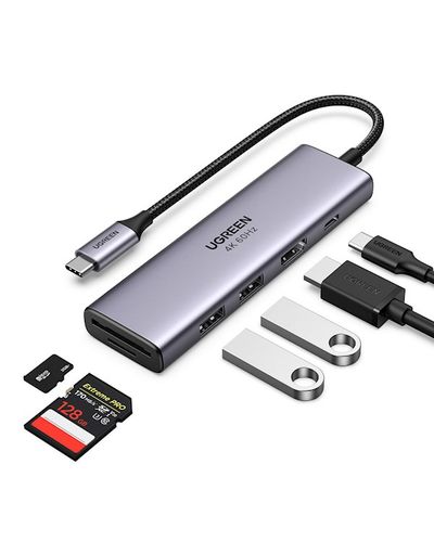 USB-C ჰაბი UGREEN CM511 (60384), 5-in-1 Adapter, USB-C Hub to 3xUSB3.0, HDMI, TF/SD, Gray , 5 image - Primestore.ge
