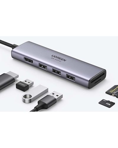 USB-C ჰაბი UGREEN CM511 (60384), 5-in-1 Adapter, USB-C Hub to 3xUSB3.0, HDMI, TF/SD, Gray , 2 image - Primestore.ge