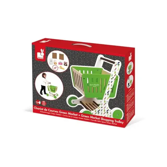 სათამაშო ხის ურიკა JanodGreen Market Wooden Shopping Trolley - Primestore.ge