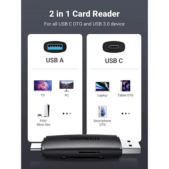 Card reader UGREEN CM304 (80191) Multifunction Card Reader, USB-A, USB-C, SD/TF, Black, 2 image