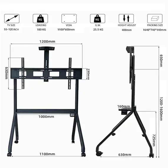 ტელევიზორის საკიდი Allscreen Universal LCD LED TV Bracket R12, With Roller, Size 55”-120”, Black , 2 image - Primestore.ge