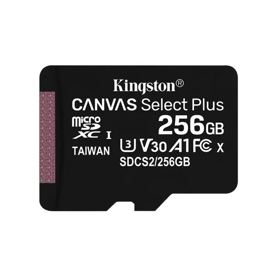 ფლეშ მეხსიერების ბარათი Kingston 256GB microSDXC Canvas Select Plus 100R A1 C10 ( SDCS2/256GBSP) ( Single Pack W/O Adapter)  - Primestore.ge
