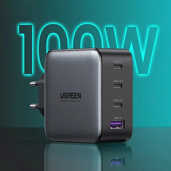 USB-C დამტენი UGREEN CD226 (40747) GaN Fast Charger, 3xUSB-C, USB-A, 100W, Black , 2 image - Primestore.ge