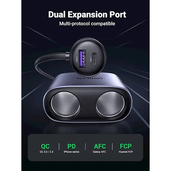მანქანის დამტენი UGREEN CD252 (30886), 120W, USB-C, USB-ACar Charger with Dual Expansion Ports, Gray , 3 image - Primestore.ge