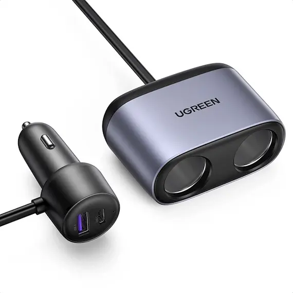 მანქანის დამტენი UGREEN CD252 (30886), 120W, USB-C, USB-ACar Charger with Dual Expansion Ports, Gray  - Primestore.ge