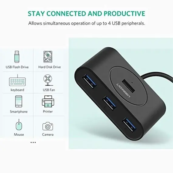 USB ჰაბი UGREEN CR113 (20291) NEW USB 3.0 4 Ports Hub with 2.0 OTG Black 1M - Primestore.ge