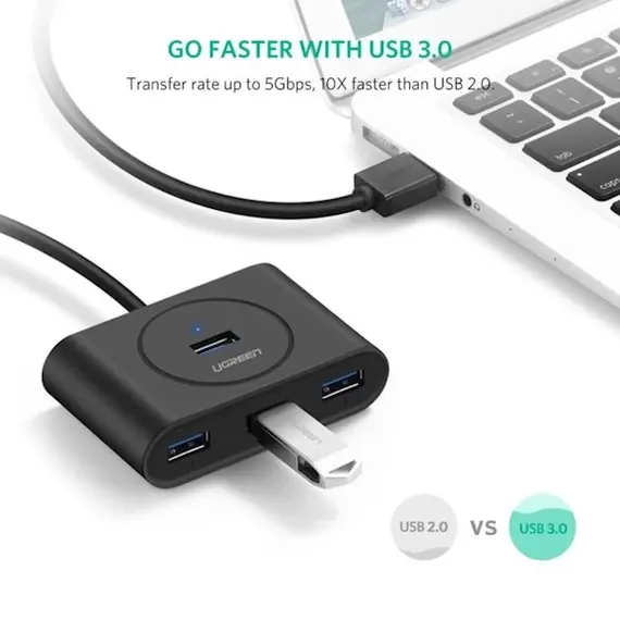 USB ჰაბი UGREEN CR113 (20291) NEW USB 3.0 4 Ports Hub with 2.0 OTG Black 1M - Primestore.ge
