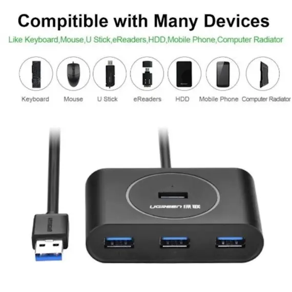USB ჰაბი UGREEN CR113 (20291) NEW USB 3.0 4 Ports Hub with 2.0 OTG Black 1M - Primestore.ge