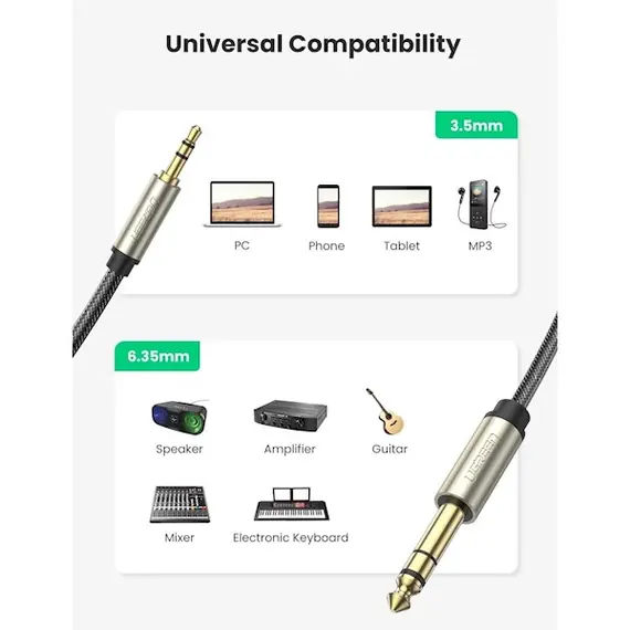 აუდიო კაბელი UGREEN (10630) 3.5mm to 6.35mm TRS Stereo Audio Cable 5m (Gray) , 2 image - Primestore.ge